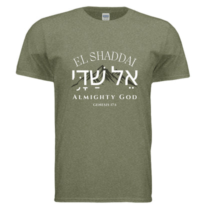 El Shaddai Almighty God Christian T-Shirt in Heather Military Green